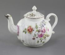 A rare Derby ribbed globular teapot and cover, c.1758, painted in 'Cotton-Stem Painter' style with a