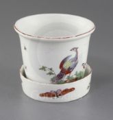 A rare Derby planter and stand, c.1760-5, the pot painted with two exotic birds to each side and