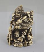 A Japanese ivory netsuke of Bishamon Ten, Meiji period, standing and holding a miniature of the Gods