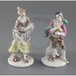A pair of early Derby figures of a bagpiper and female companion, c.1756-7, each wearing tartan