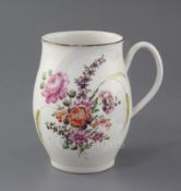 A large Derby ovoid mug, c.1760, painted in 'Cotton-stem painter' style with a loose bouquet of