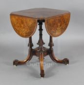 A Victorian marquetry inlaid figured walnut drop flap centre table, with serpentine top, on four