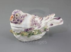 A Derby 'pigeon' tureen and cover, c.1760, modelled seated on nest encrusted with twigs, moss and