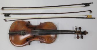 A 19th century English violin, label for John Betts Royal Exchange London 1861, The one piece back