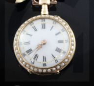 A 19th century Swiss 18ct gold, red guilloche enamel, diamond and seed peal set fob watch, with