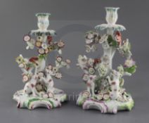 Two matching early Derby candlestick groups, c.1756-9 each modelled with squirrels in a tree with