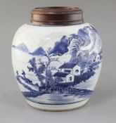 A Chinese blue and white ovoid jar, 18th century, painted with sages in a river landscape scene with