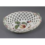 A large Derby oval basket, c.1760-5, the interior painted with an apple sprig, moths and other