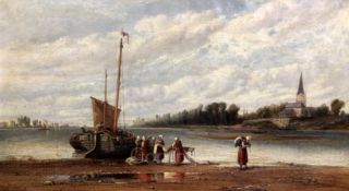 Arthur Joseph Meadows (1843-1907)oil on canvasEstuary scene with women unloading a sail