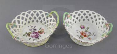 Two Derby circular baskets, c.1757-9, each painted in 'Cotton-Stem Painter' style to the interior