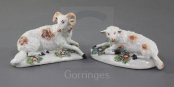 A matched pair of Derby figures of a ram and a ewe, c.1760-5, each recumbent on a flower encrusted