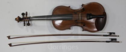 A violin stamped Thompson's London, single piece back with tight curl, the sides and neck