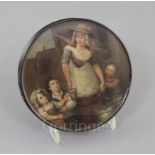 A papier mache table snuff box attributed to Stobwasser, c.1800 painted with a dairy maid serving