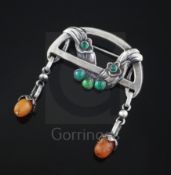 An early 20th century Georg Jensen 828S, green chalcedony and amber demi-lune drop brooch, no. 8,