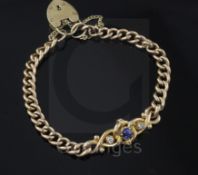 An early 20th century gold, sapphire and diamond set curb link bracelet, with later 9ct gold heart
