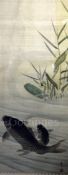 Ryuen - a Japanese painting on silk of two carp in a pond, Edo Period, 19th century, signed and