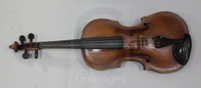 A French violin, attributed to Louis Guersan, Paris, c.1750, with two piece back medium curl, with