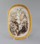 A Wedgwood commemorative Queensware oblong dish, c.1856, finely painted in imitation of maiolica