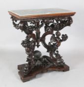 A 17th century style Italian walnut console table, with veined grey marble inset top, the underframe