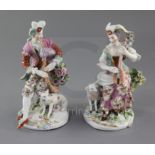 A pair of Derby figures of musicians, c. 1760-5, each seated on a flowering tree stump and wearing