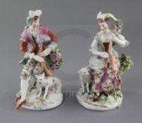 A pair of Derby figures of musicians, c. 1760-5, each seated on a flowering tree stump and wearing