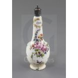 A rare Derby 'oil' bottle, c.1760 the bottle with metal cover, painted with floral sprays and titled