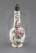 A rare Derby 'oil' bottle, c.1760 the bottle with metal cover, painted with floral sprays and titled