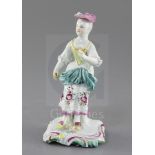 A Derby 'Pale Family' figure of a standing girl, c. 1758, holding a flower in left hand, with flower