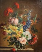 § Stuart Somerville (1908-1983)oil on cardStill life of flowers in a vase upon a ledge signed and
