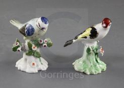 Two Derby models of a blue tit and a goldfinch, c.1765-70, each bird perched on a flower encrusted