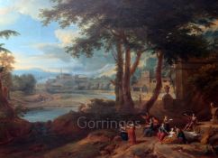 After Claud Lorrainoil on wooden panelMusicians in a classical landscape35 x 50in.