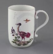 A Derby cylindrical mug, c.1760-5, painted with two exotic birds perched on branches, the reverse