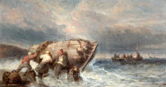 19th century Dutch Schoolpair of oils on oak panelsFishermen on the shore and putting out to