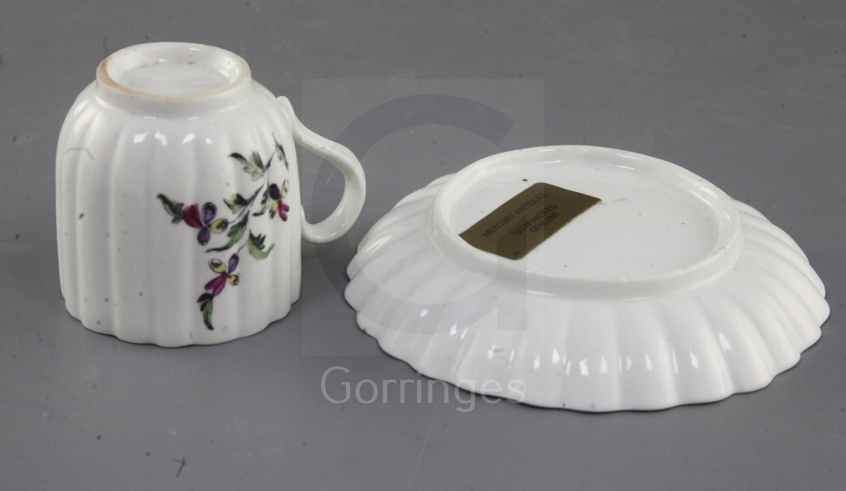 A Derby ribbed coffee cup and saucer, c.1758, each painted in 'Cotton-stem painter' style with a - Image 2 of 2