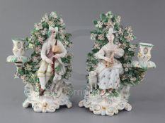 A pair of Derby candlestick groups of musicians, c.1770, the first a gentleman playing the