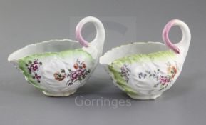A pair of Derby leaf-moulded small sauceboats, c.1756-9, each painted in 'Cotton-Stem' style with