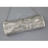 An early 20th century Russian 84 zolotnik silver large rounded rectangular purse, one side decorated