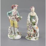 A near pair of Derby figures a shepherd and shepherdess, c. 1760, the shepherd holding a letter in