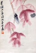 After Qi Baishi. A Chinese printed scroll c.1950's, image 34 x 23cm, together with an ink painting