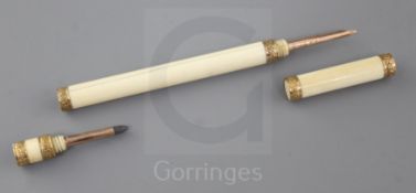 A rare 19th century French gold mounted marine ivory combination pen/pencil, 5.25in., housed in a