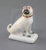 A Derby figure of a seated pug, c.1765-70, with pale brown coloured coat and mauve-brown stripe down