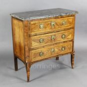 A late 18th century French kingwood petit commode, with grey marble top and three drawers, on