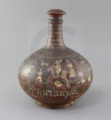 A 19th century Persian Qajar painted terracotta bottle vase, decorated with a continuous hunting