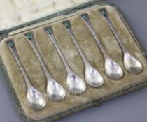 Guild of Handicraft: A cased set of six Arts & Crafts silver and cabochon green chrysophase set