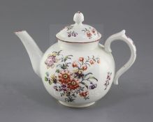 A rare Derby globular teapot and cover, c.1758, painted in 'Cotton-stem painter' style with a