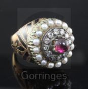 A 19th century French? gold and silver, cabochon garnet, split pearl diamond and black enamel