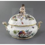 A Meissen basketweave moulded tureen and cover, mid 18th century, later painted with birds perched