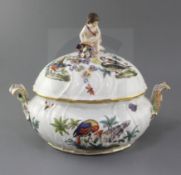 A Meissen basketweave moulded tureen and cover, mid 18th century, later painted with birds perched