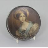 A Stobwasser papier mache table snuff box, c.1800, painted with a portrait of 'Frances' in Turkish