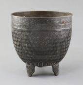 A Chinese bronze tripod vessel, 17th century, cast in low relief with a honeycomb pattern, scrolls